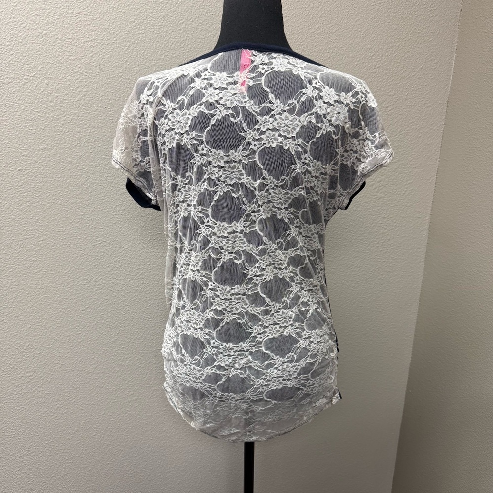 May Blue Navy Owl Graphic Lace Back Boho Top Short Sleeve Casual Tee Shirt - Picture 5 of 9